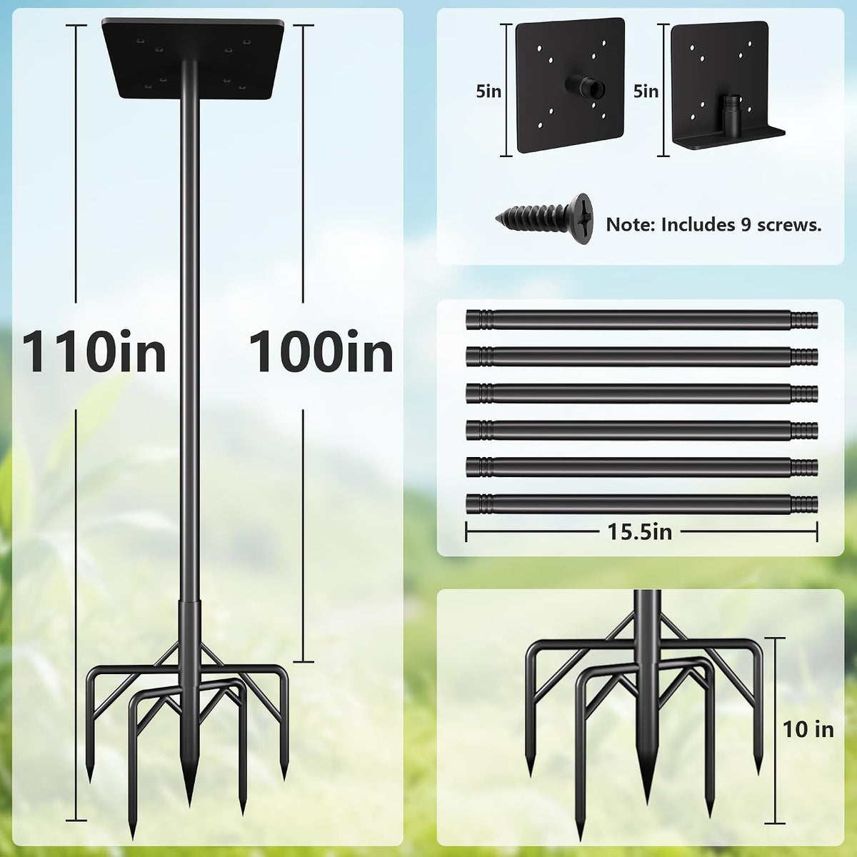 Bird Feeder Pole Kit 110 Inch,Bird House Pole for Outdoors Heavy Duty,5 Base Prongs Adjustable Birds Feeder Stand for