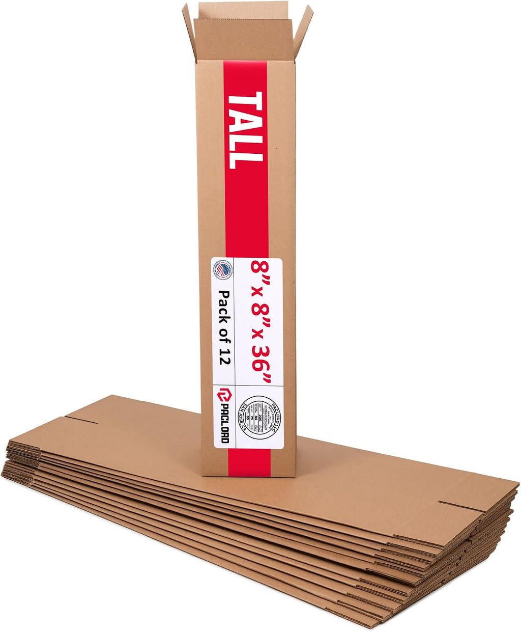 Tall Cardboard Boxes 8"L x 8"W x 36"H (Pack of 12) - USA-Made Packing Boxes for Moving, Shipping, or Storage - USPS