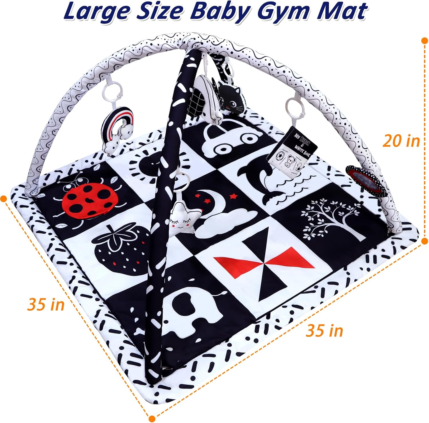 Black and White Baby Gym Play Mat with 6 Toys Tummy Time Activity Mat for Babies 0-6 6-12 Months High Contrast Baby