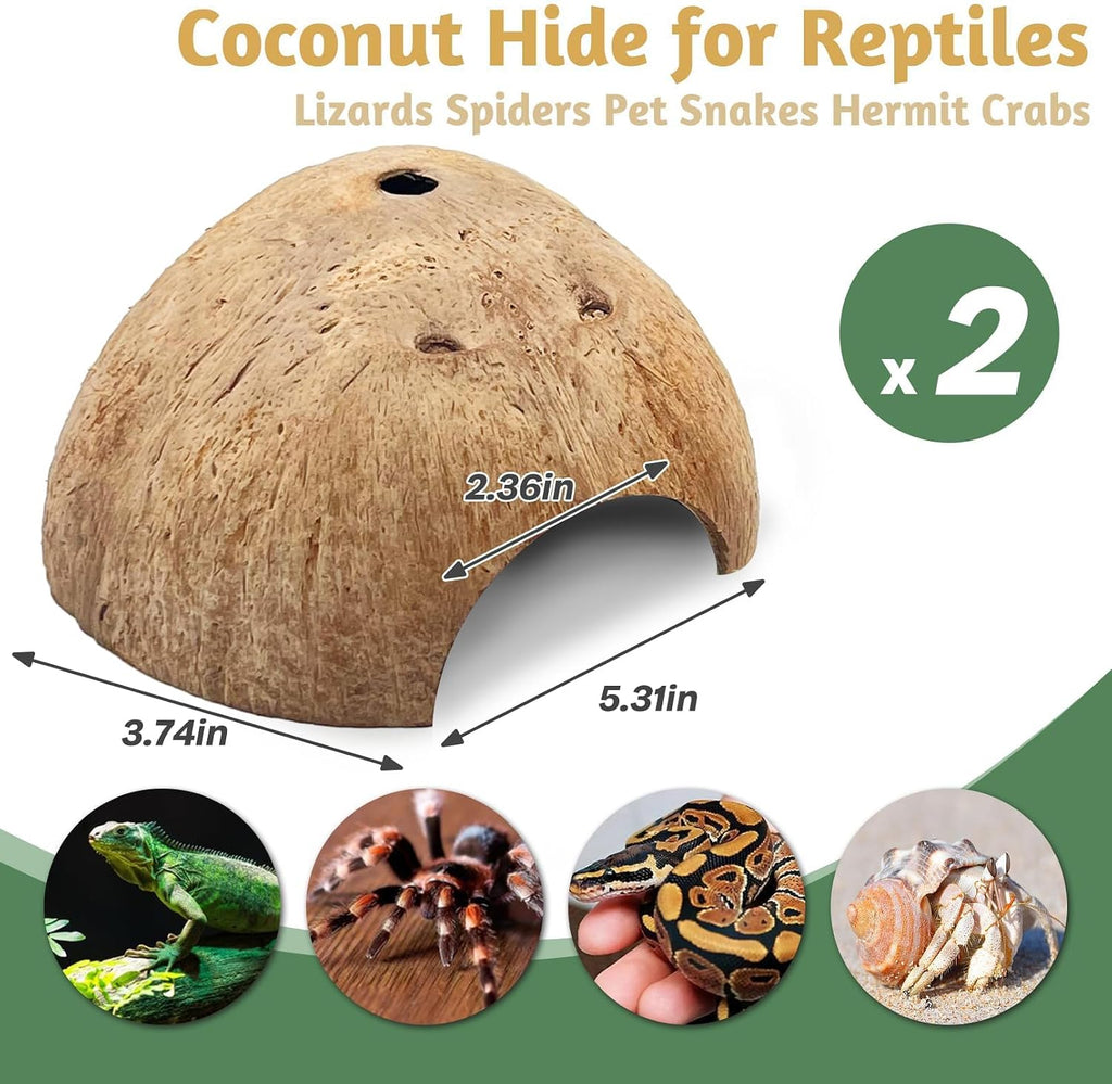 2 PCS Natural Coconut Reptile Hideouts Lizard Coco Hut Hermit Crab Hut Aquarium Fish Hide Cave Spider Snail Climber Toys