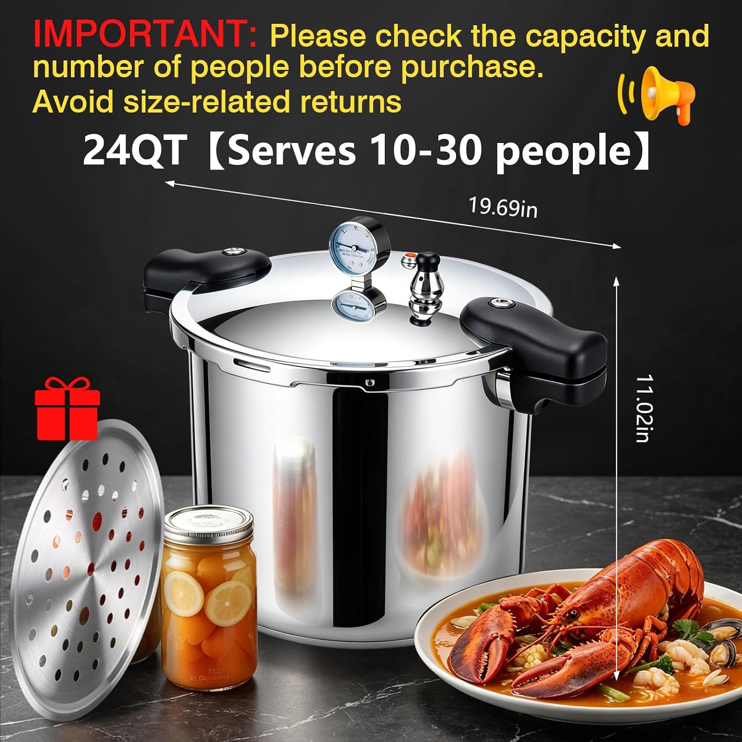 23-24QT Aluminum Pressure Cooker with Pressure Gauge, Heavy-Duty Large Capacity Pressure Canner for Restaurant