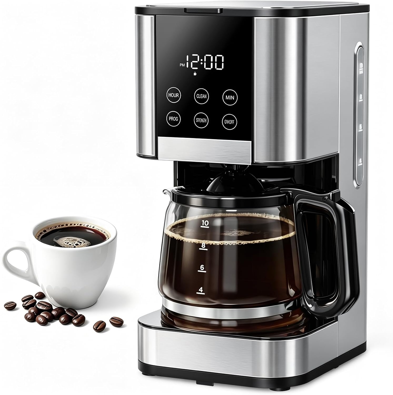 10 Cup Programmable Drip Coffee Maker, Adjustable Brew Strength, Pause & Serve, Heat Resistant Glass Carafe