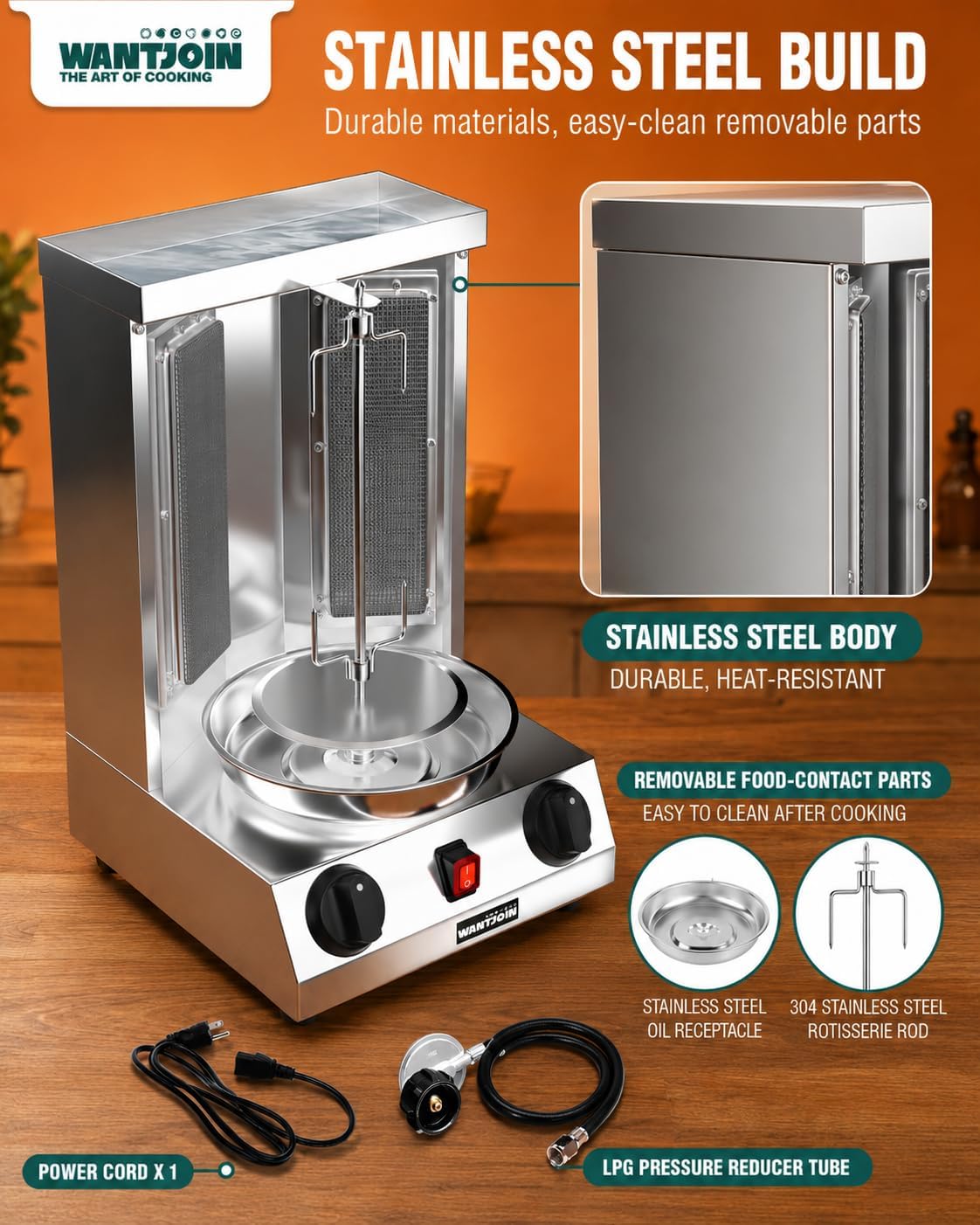 Shawarma Grill Machine - Gas Vertical Rotisserie with 2 Burners and Drip Pan for Home Use, Stainless Steel Rotating