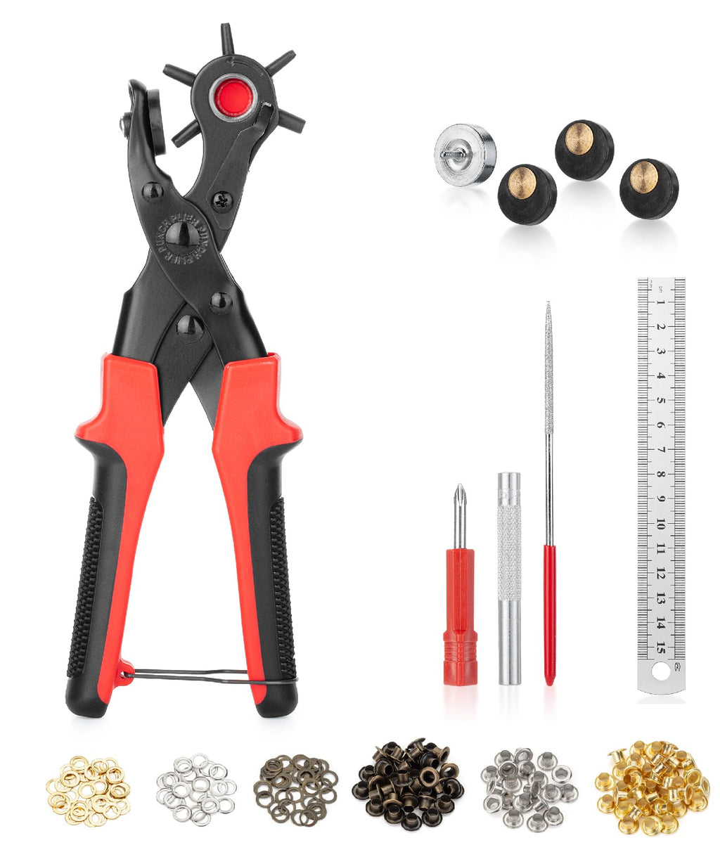 Leather Hole Punch Tool Set, Red Handle, Multi Punch Sizes, Belt Hole Puncher for Leather, Belts, Straps, Pet