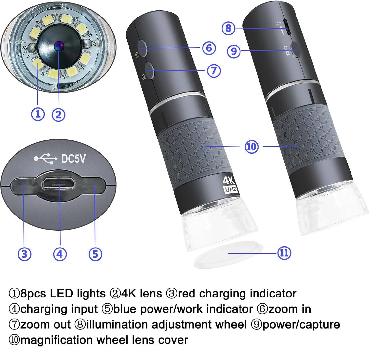 4K 50-1000x WiFi USB Digital Handheld Microscope with Metal Stand | 3840x2160P wireless/wired 8 LED endoscope camera