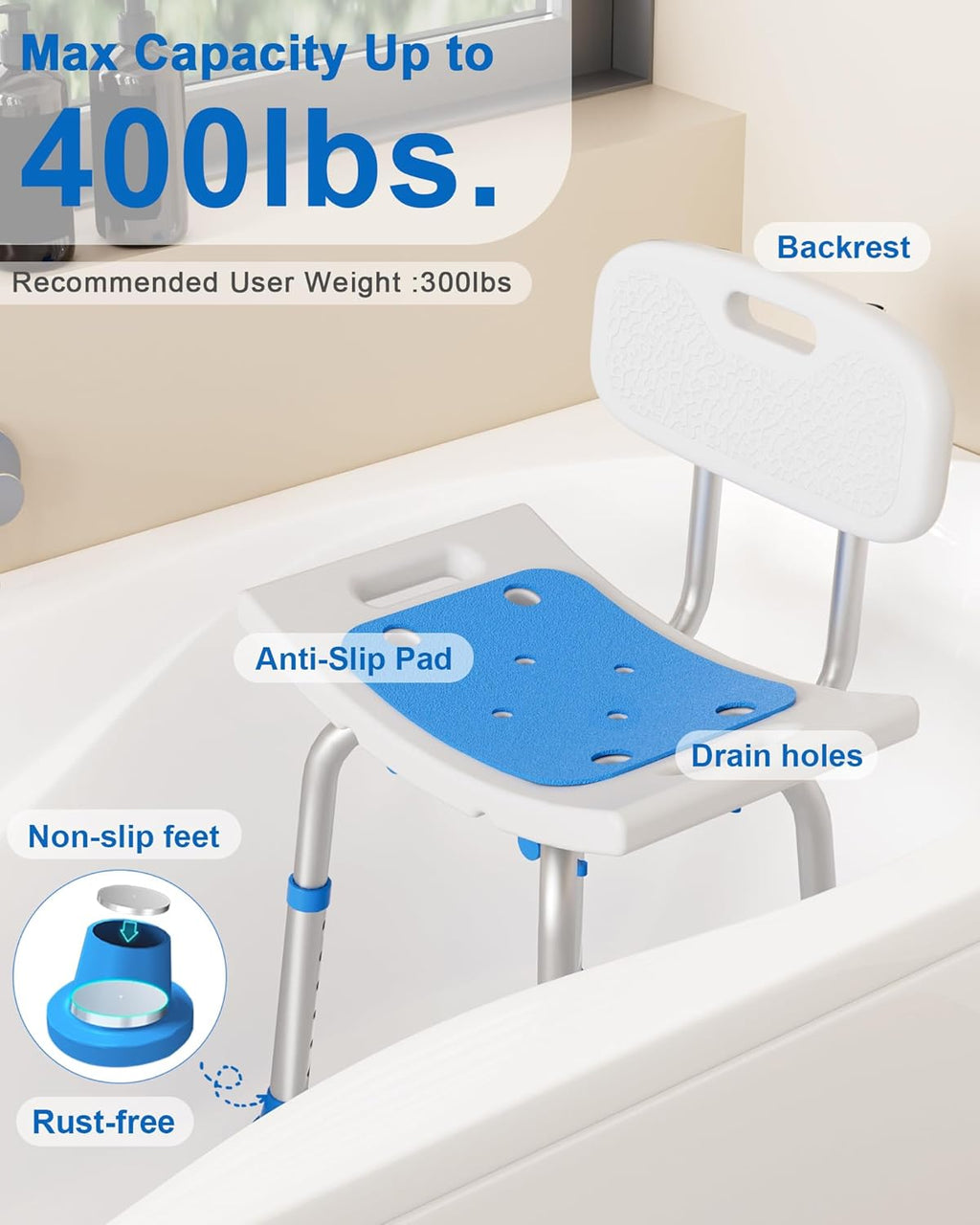 Shower Chair for Inside Shower with Removable Back, 400 lbs Heavy Duty Bath Seat for Bathtub, Safety Bath Stool for
