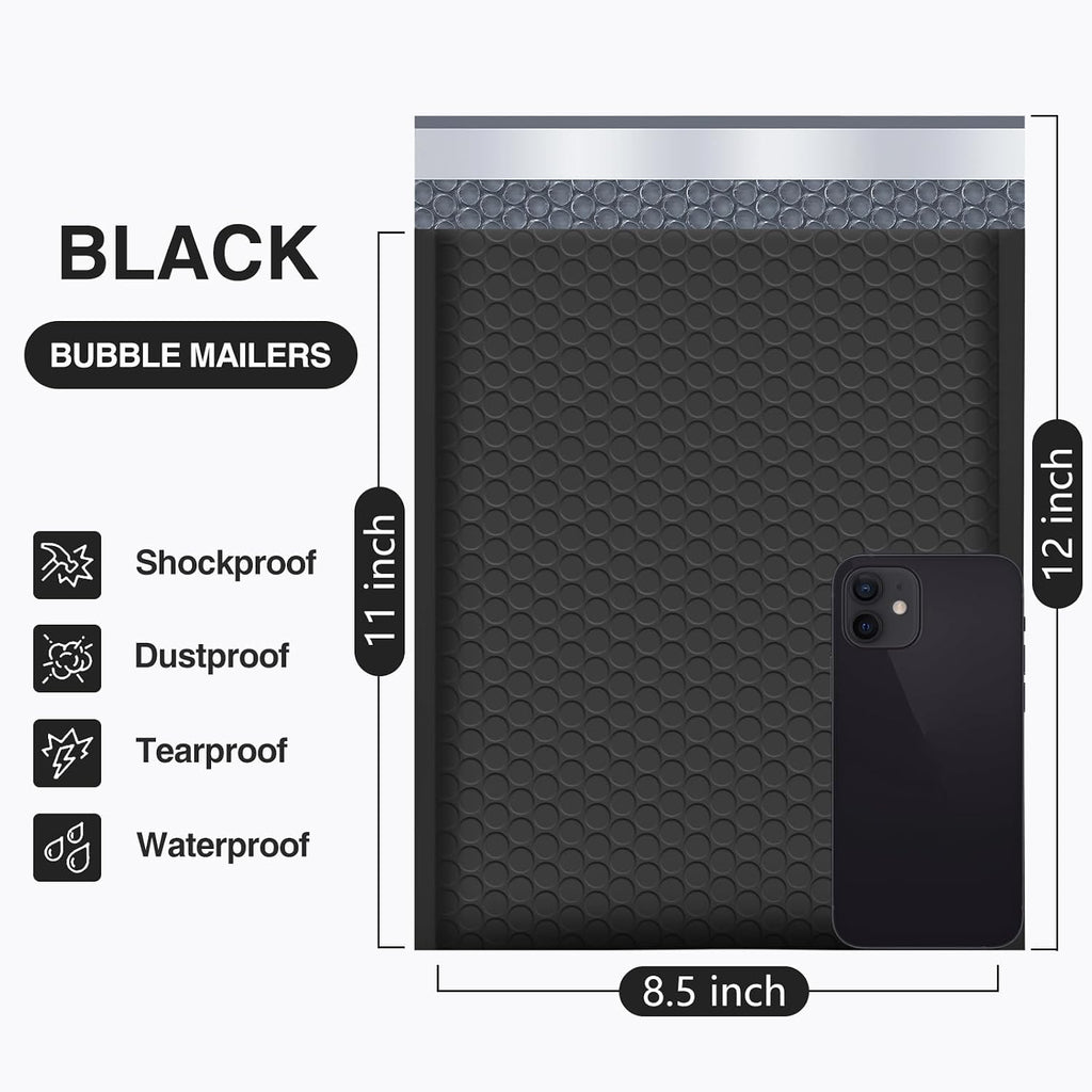 Bubble Mailers 8.5x12" 25 Pack Usable Size 8.5x11" Black Shipping Bag