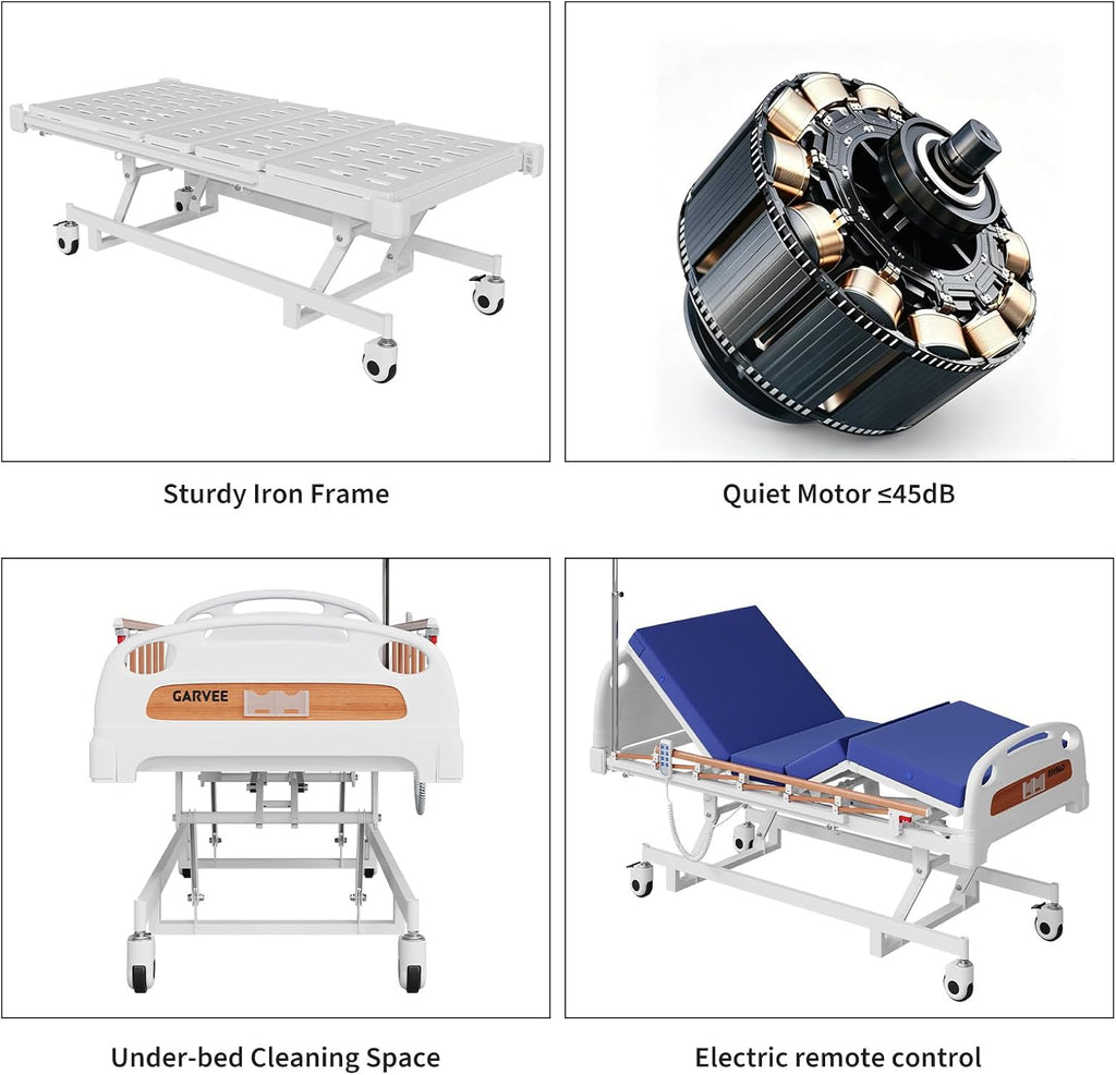 Electric Hospital Bed, 3 Function Medical Bed with Remote Control, Included IV Pole, 4" Foam Mattress & Locking