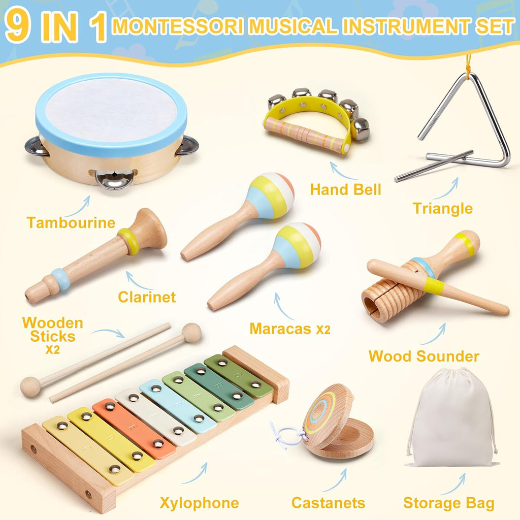 Baby Musical Instruments Set Montessori Wooden Music Toys for Toddlers 3 4 5 Neutral Color Percussion Music Kit with