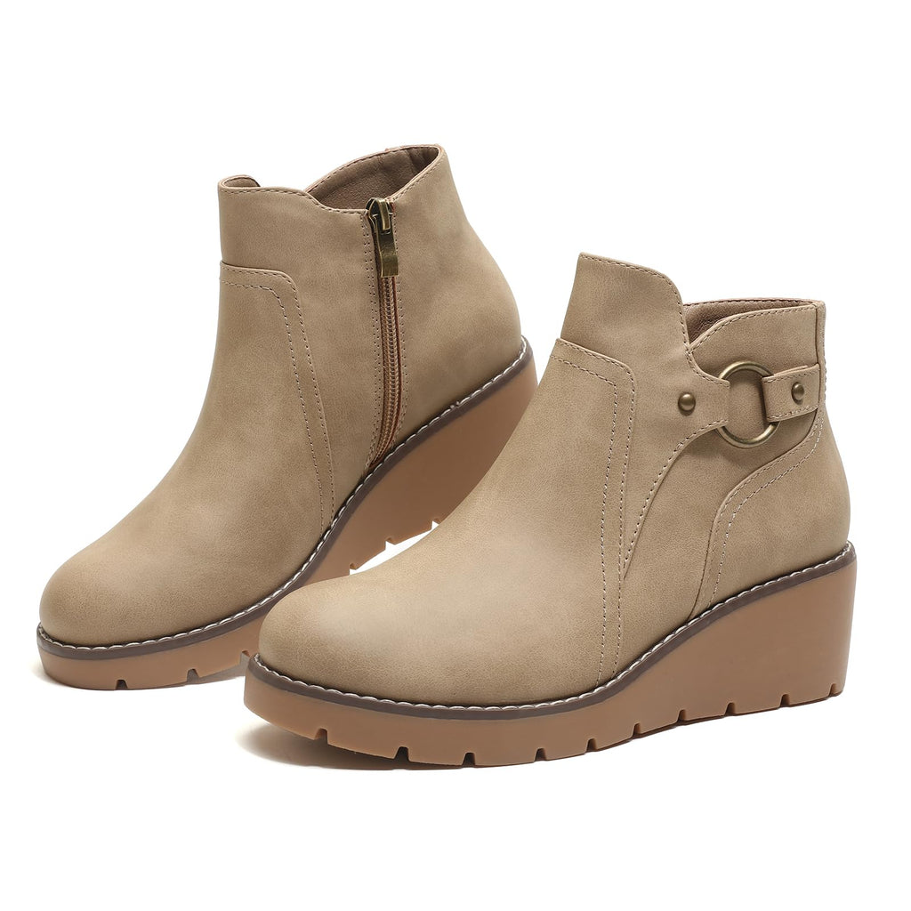 Womens Wedge Ankle Boots Chunky Low Heel Fall Short Booties Side Zipper