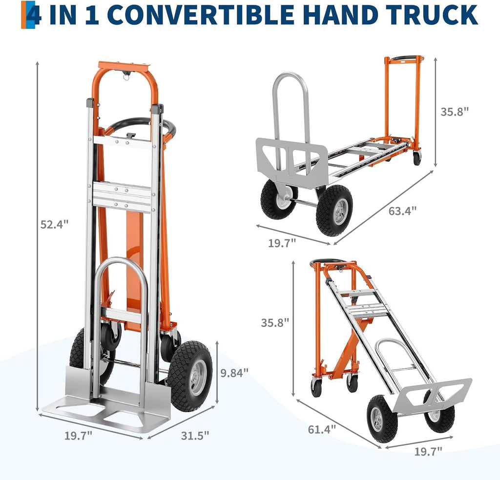 4 in 1 Convertible Hand Truck, Aluminum Hand Trucks 1000 Lb Capacity, Convertible Hand Truck with Wheels, Elastic