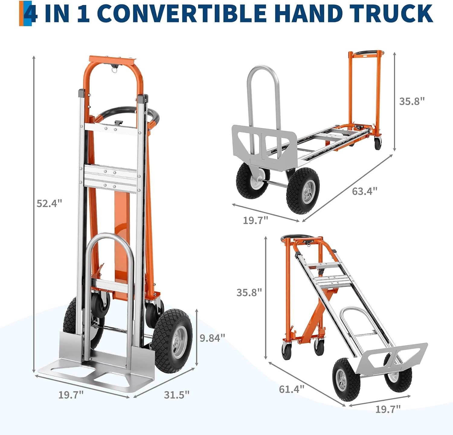 4 in 1 Convertible Hand Truck, Aluminum Hand Trucks 1000 Lb Capacity, Convertible Hand Truck with Wheels, Elastic