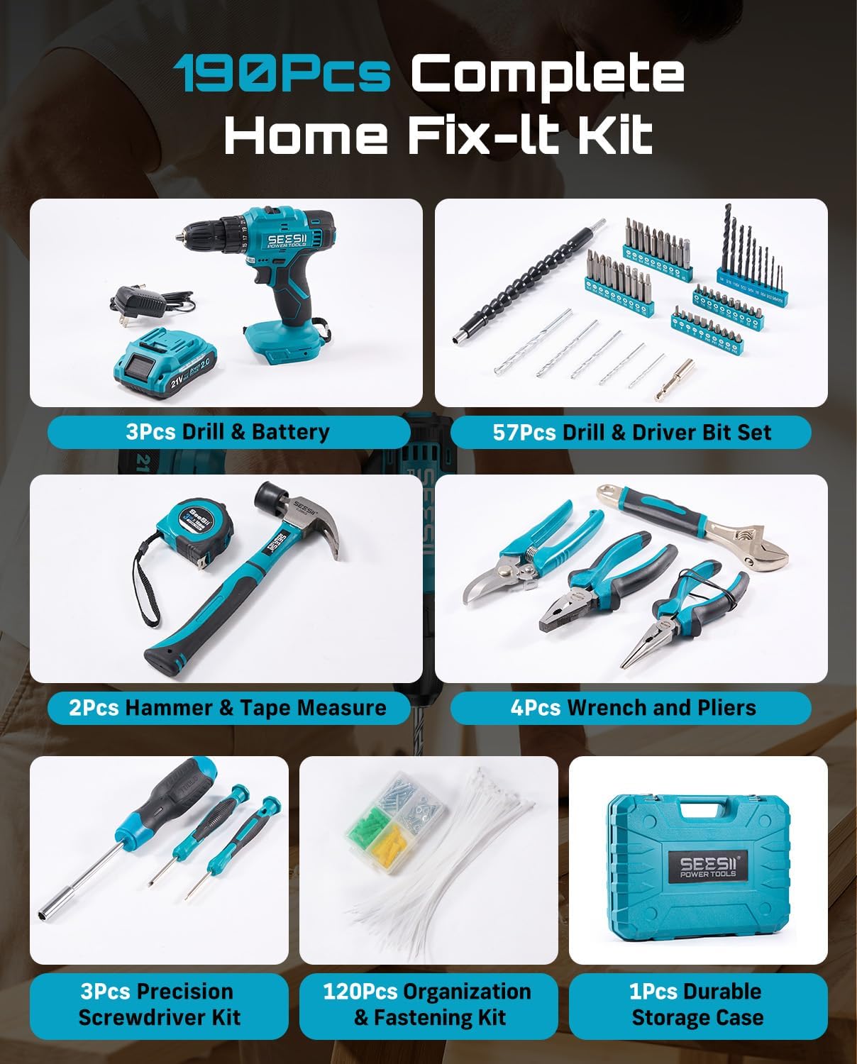 21V Cordless Drill Tool Kit - 190Pcs Power Tool Combo Set, Hand Tool Kit with Toolbox, Electric Drill Driver for Home