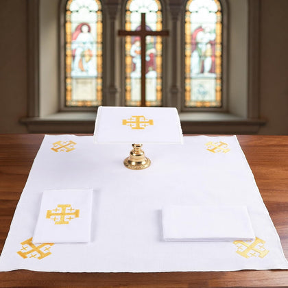 4 Pack Altar Supplies Linen Corporal for Churches Set (Pall,Corporal,Purificator,Towel) White Linen Altar Cloth Gold
