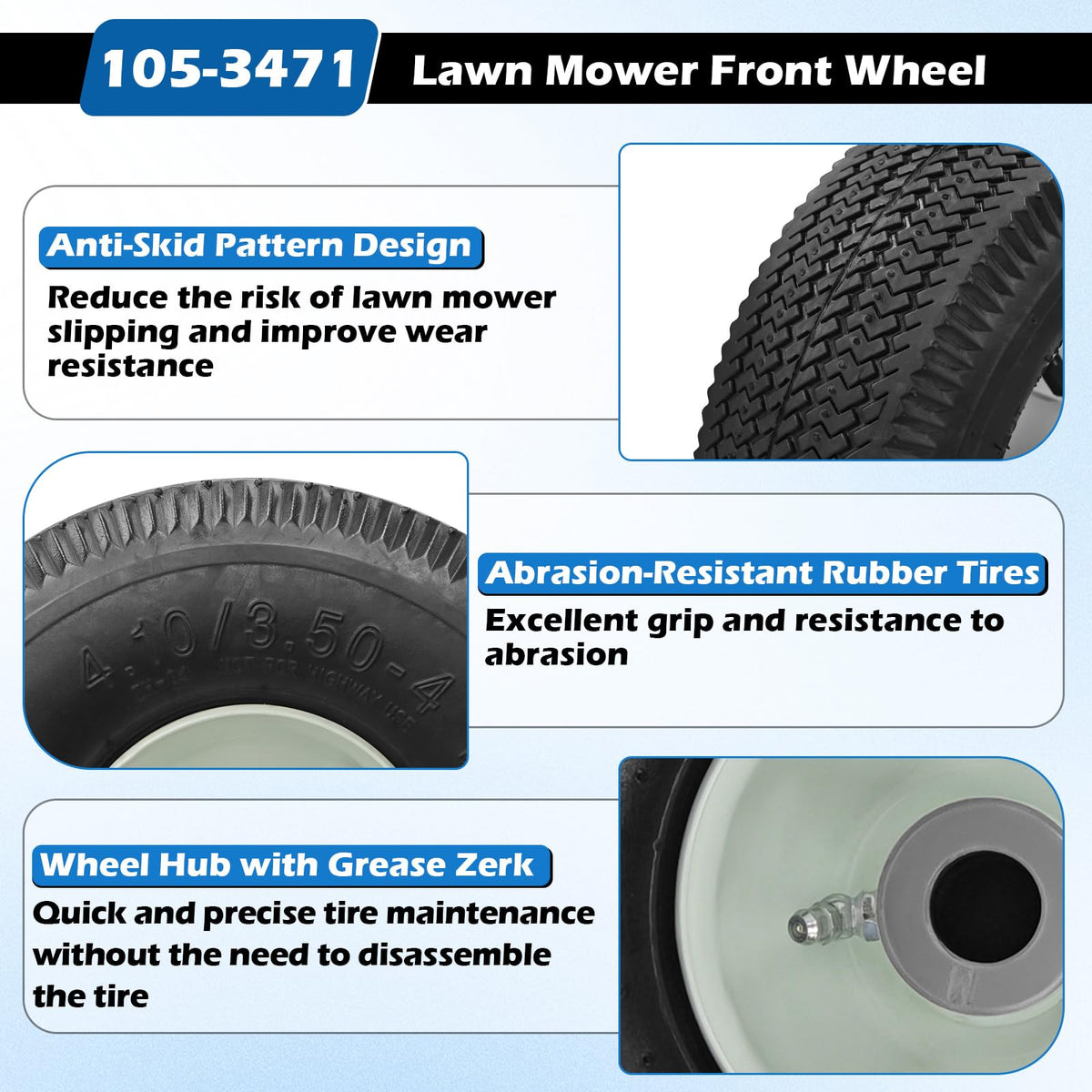 105-3471 Front Wheel and Tire Assembly 4.10x3.50-4