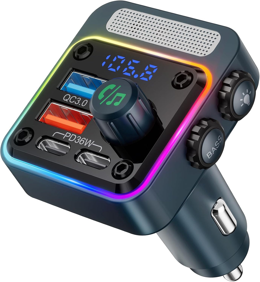 54W Bluetooth 5.3 Car Adapter, FM Transmitter 4-Port Fast Charging | Wireless FM Radio Music Player with Deep Bass, 5