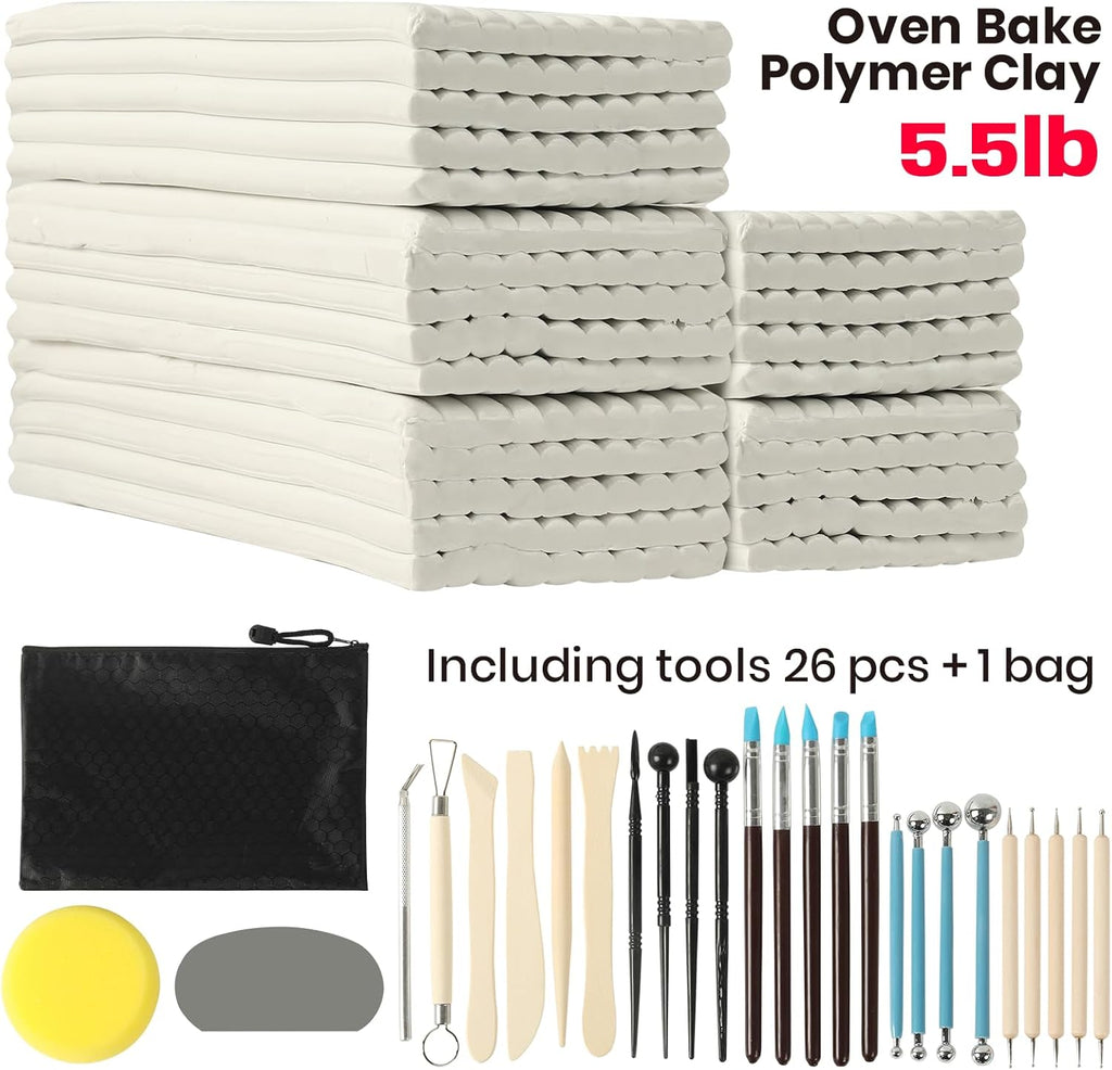Oven Bake Polymer Clay 5.5lb with Tools Kit, White Sculpting Material for Modeling & Crafts, Soft Until Baked
