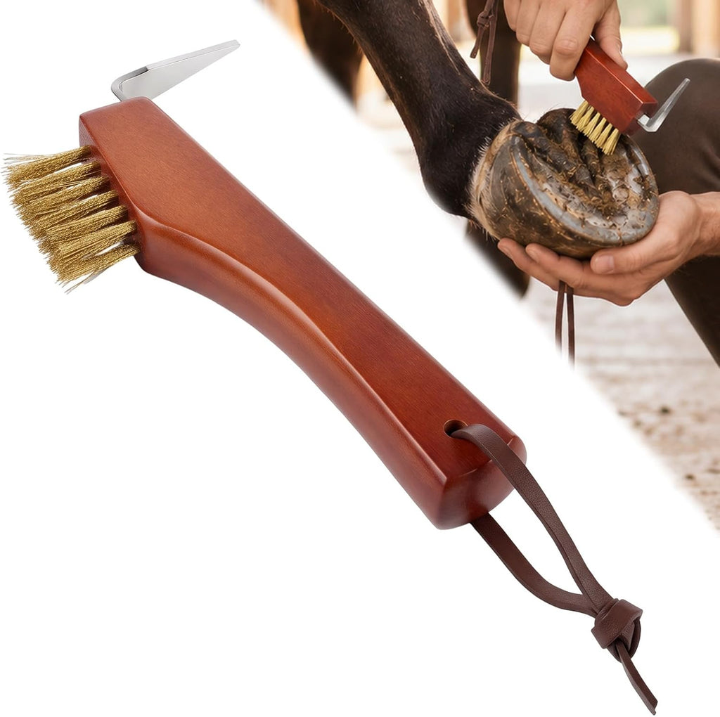 Horse Hoof Pick, Stiff Bristled Brass Wire Brush with Wooden Grip