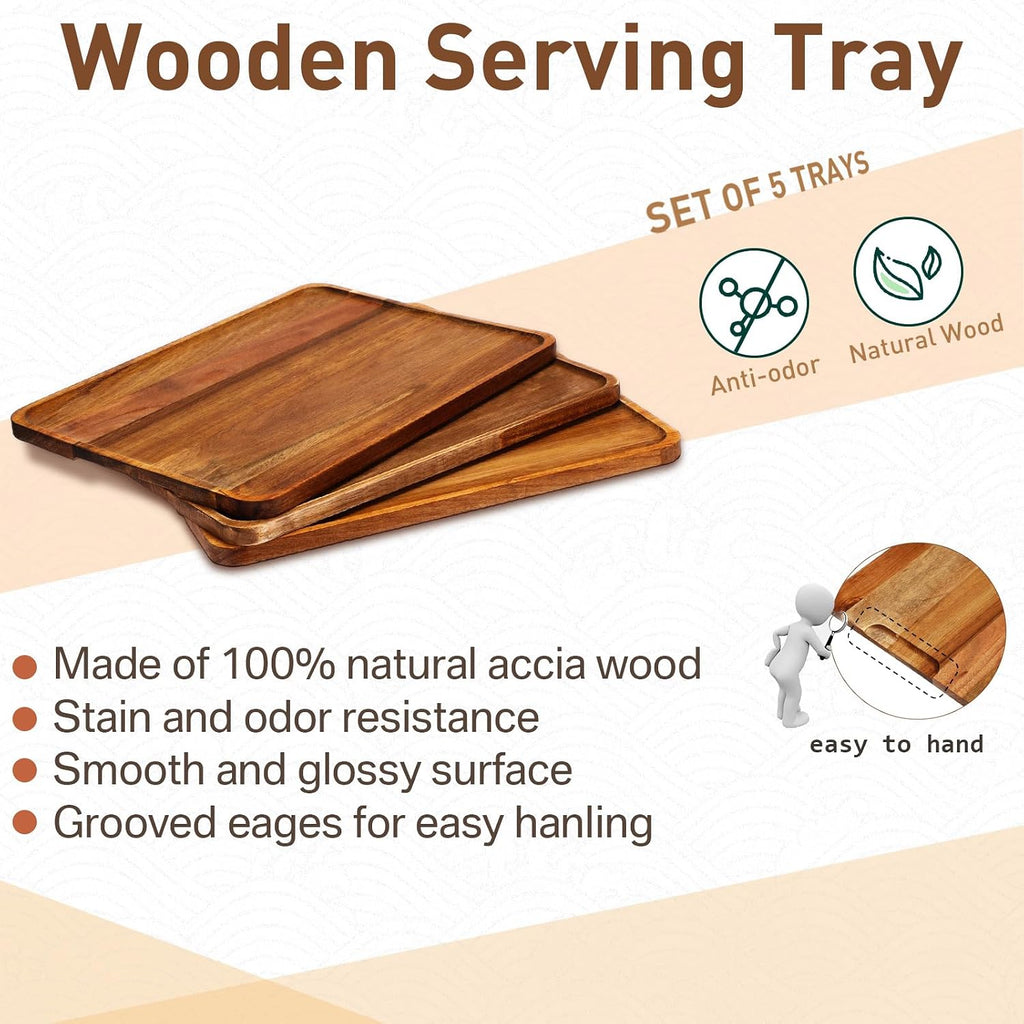 5 Pack Solid Acacia Wood Serving Trays for Food, 14 x 10 Inch