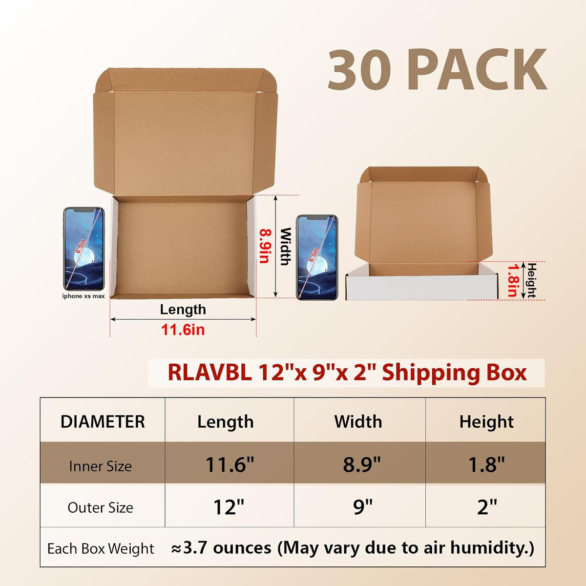 30 Pack 12x9x2 Shipping Boxes, White Corrugated Cardboard Mailer Box
