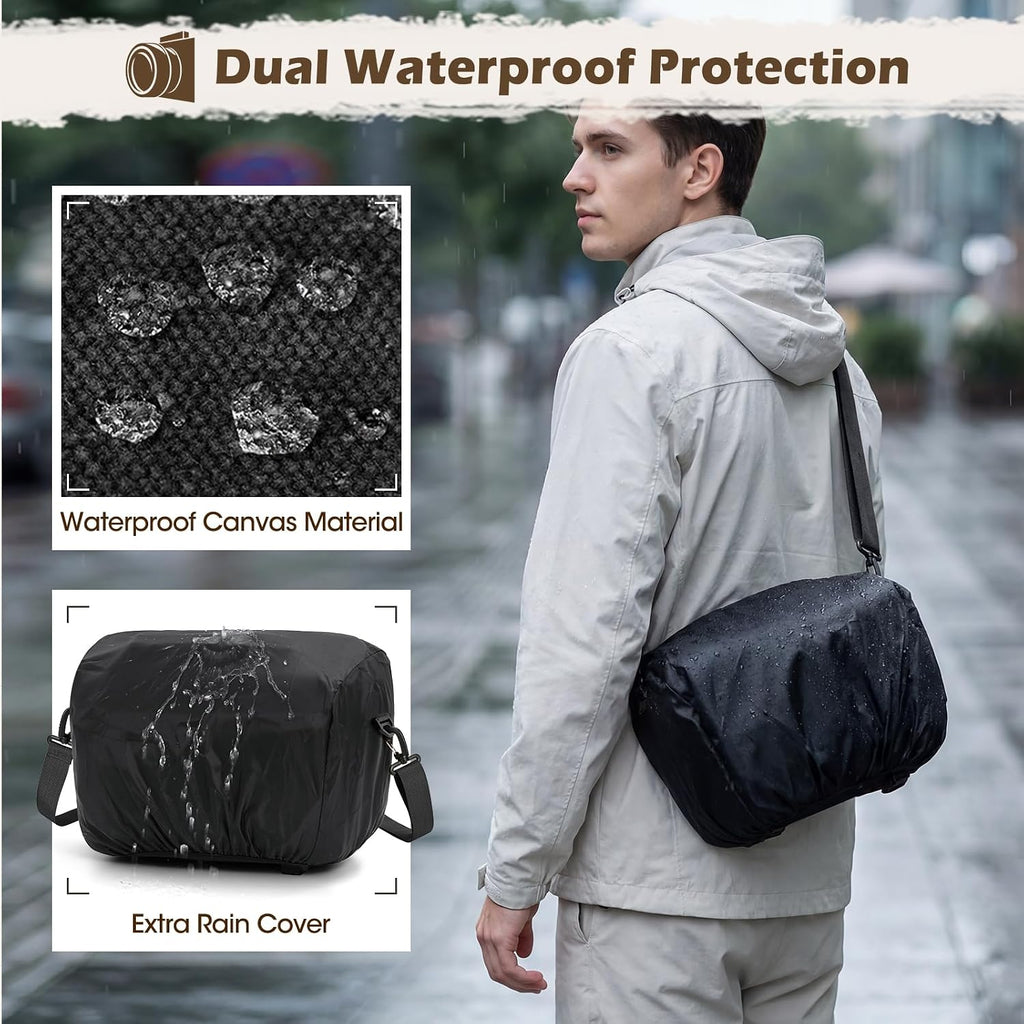 Camera Sling Bag Canvas Crossbody Camera Case with Rain Cover | Water-Resistant Camera Shoulder Bag for DSLR