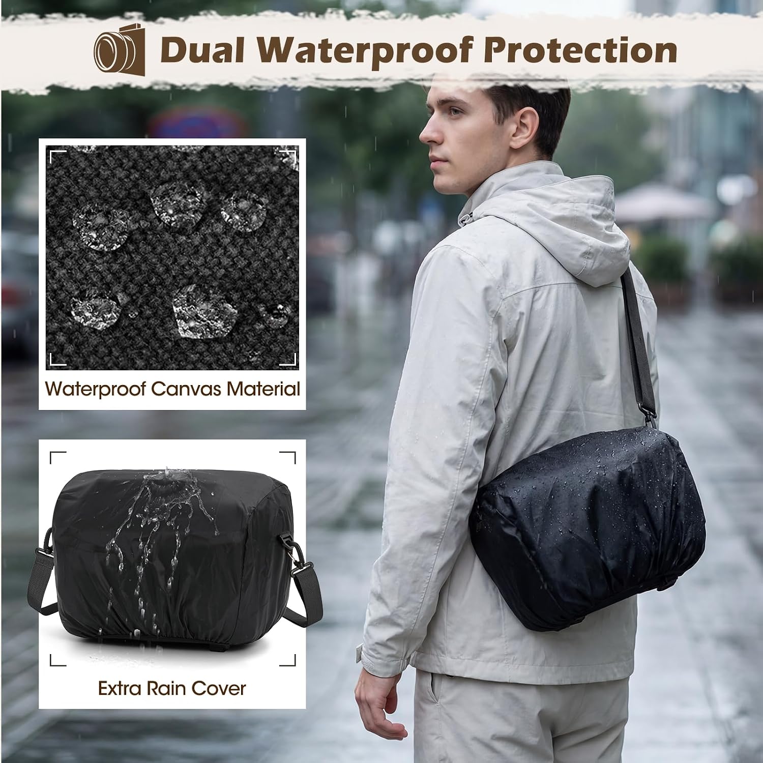Camera Sling Bag Canvas Crossbody Camera Case with Rain Cover | Water-Resistant Camera Shoulder Bag for DSLR