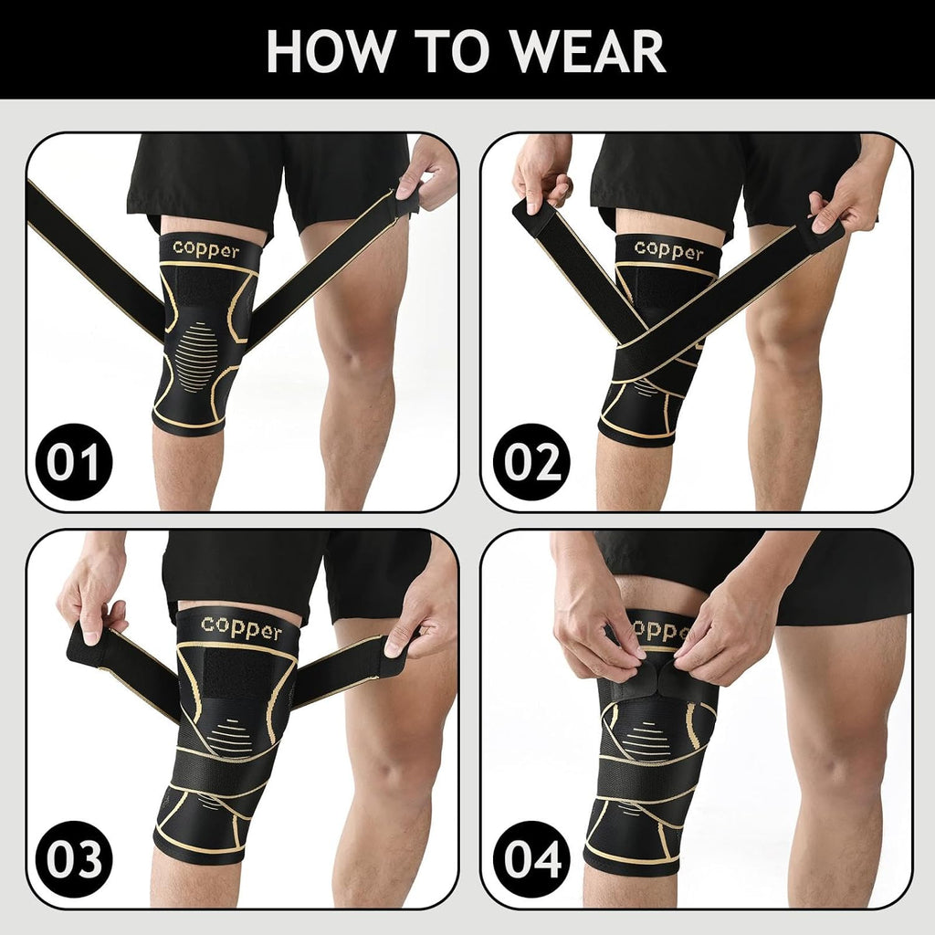 Copper Knee Brace for Women Men 2-Pack, Knee Compression Sleeve with Straps, Knee Braces for Knee Pain, Knee Support