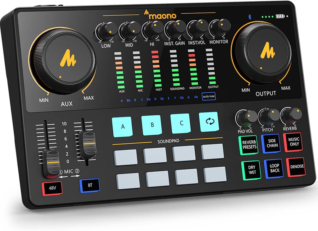 AME2 Audio Interface Mixer, Podcast Studio Console with XLR Input | 48V phantom power, Bluetooth, 11 custom sound
