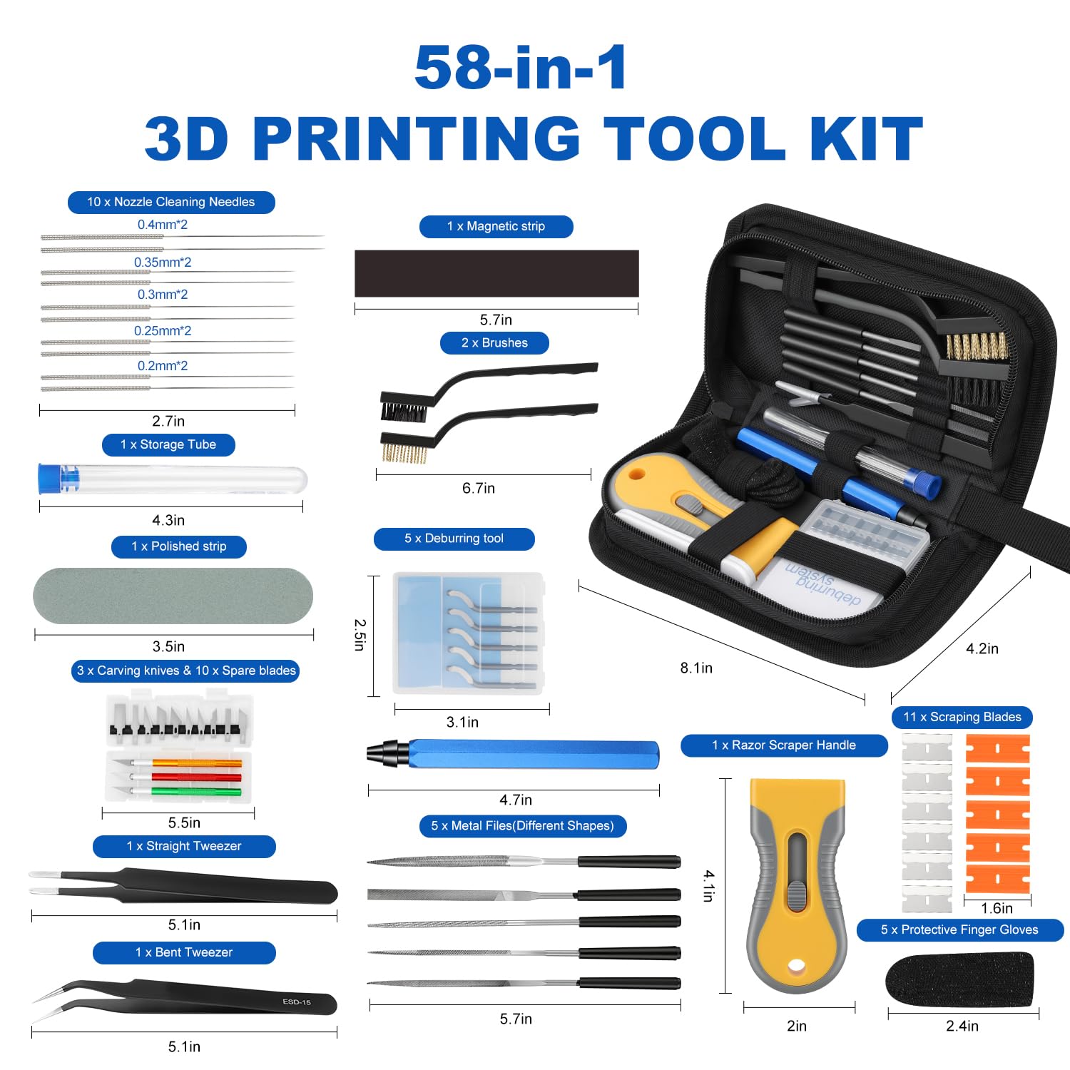 3D Printer Tools Kit - 58PCS 3D Printer Accessories 3D Printing Tool Kit with Nozzle Cleaning Kit, Deburring Tool