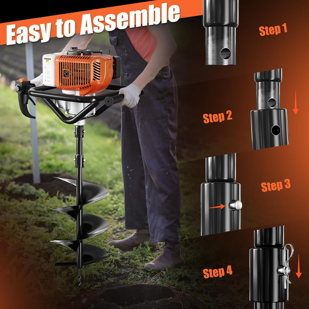 62cc Gas Powered Post Hole Digger, Earth Auger with 6" & 8" Drill Bits and 2 Extension Rods, Heavy Duty Earth Digger