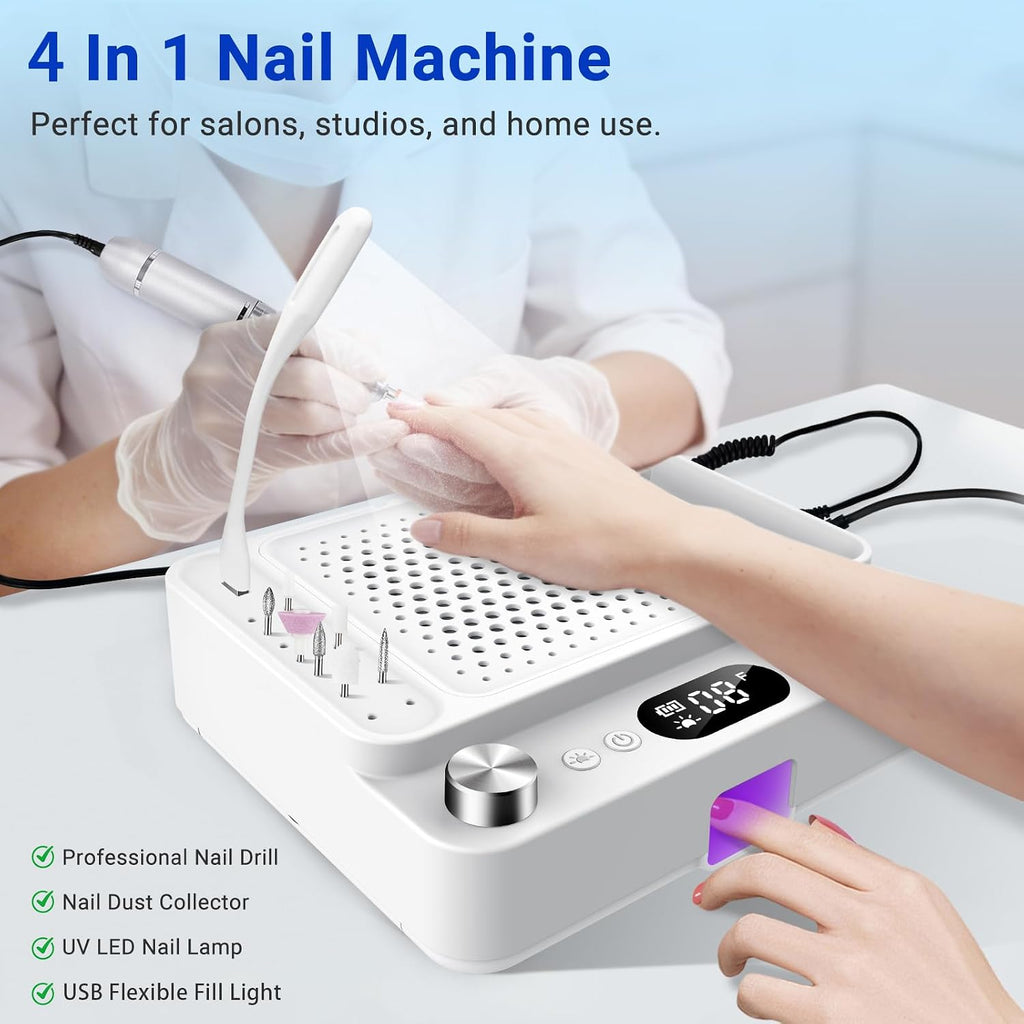 4-in-1 Nail Dust Collector,Electric Nail Drill,UV LED Lamp & Fill Light | Professional 40000 RPM Electric Nail