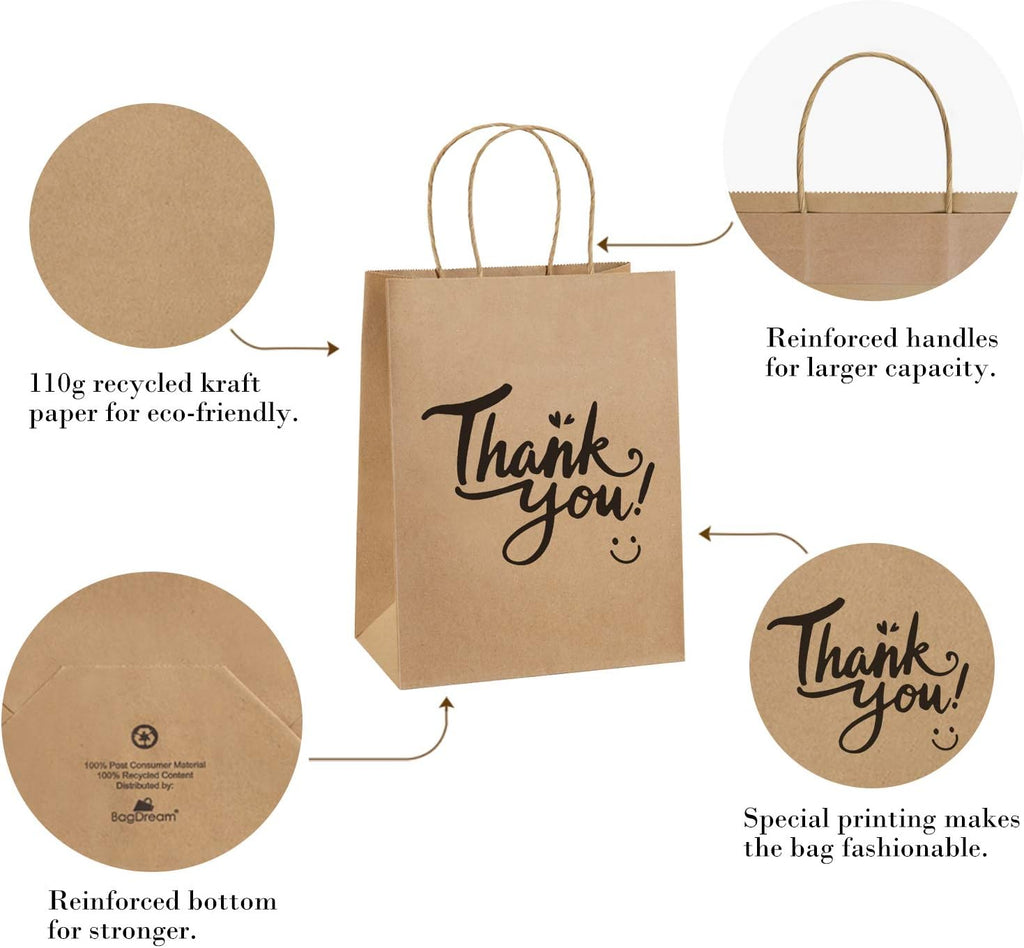 Medium Gift Bags with Handles 8x4.25x10.5 Inch Brown 25 Pack