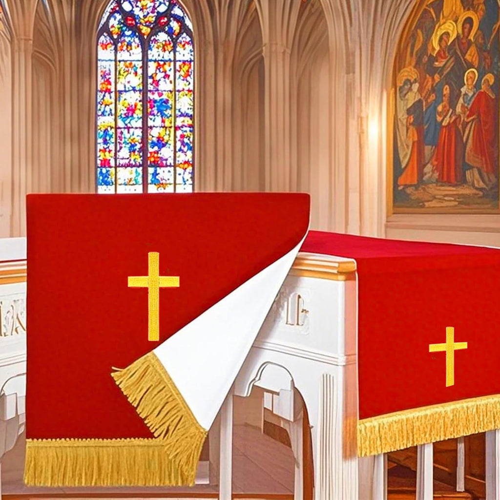 Set of 3 Reversible Parament Set,Pulpit Scarf and Communion Table Runner Bible Bookmark with Embroidered Cross Church