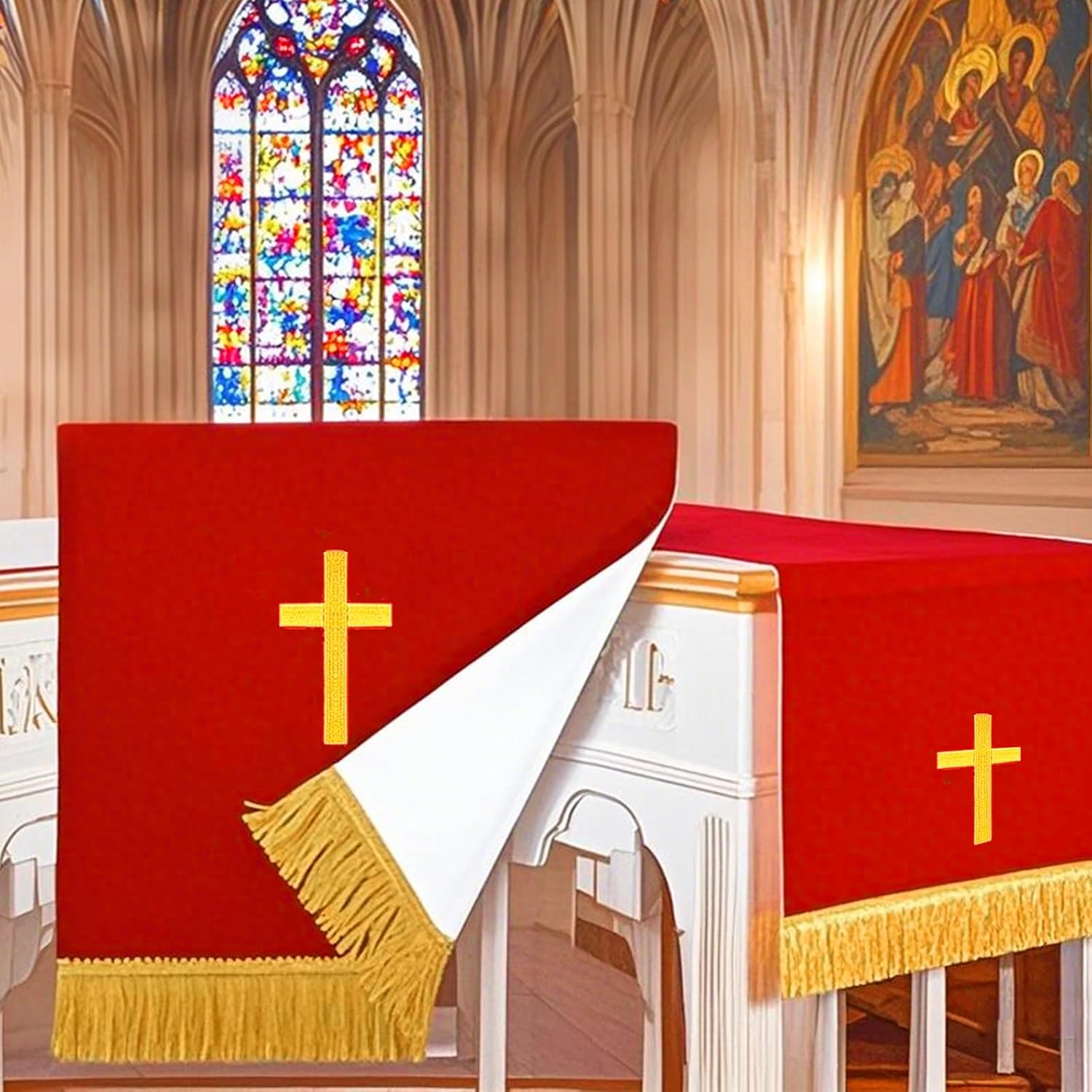 Set of 3 Reversible Parament Set,Pulpit Scarf and Communion Table Runner Bible Bookmark with Embroidered Cross Church