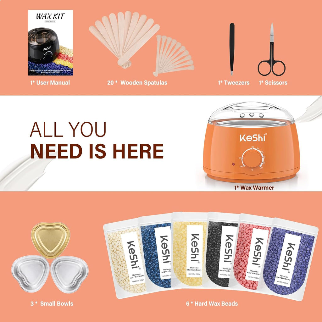 Waxing Kit for Women Men, Wax Pot Warmer Hair Removal Kit | 6 Hard Wax Beans, Full Body, Legs, Face, Eyebrows