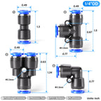 TAILONZ 1/4" Push to Connect Fitting Splitters+Elbows+Tees+Straight 60Pcs