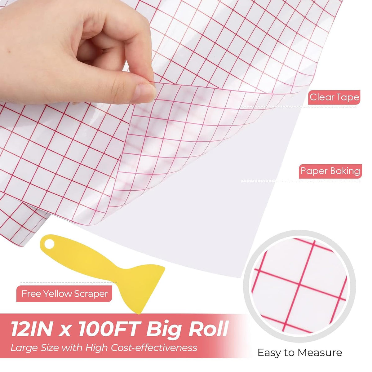 Transfer Tape for Vinyl, 12" x 100 FT, Red Alignment Grid