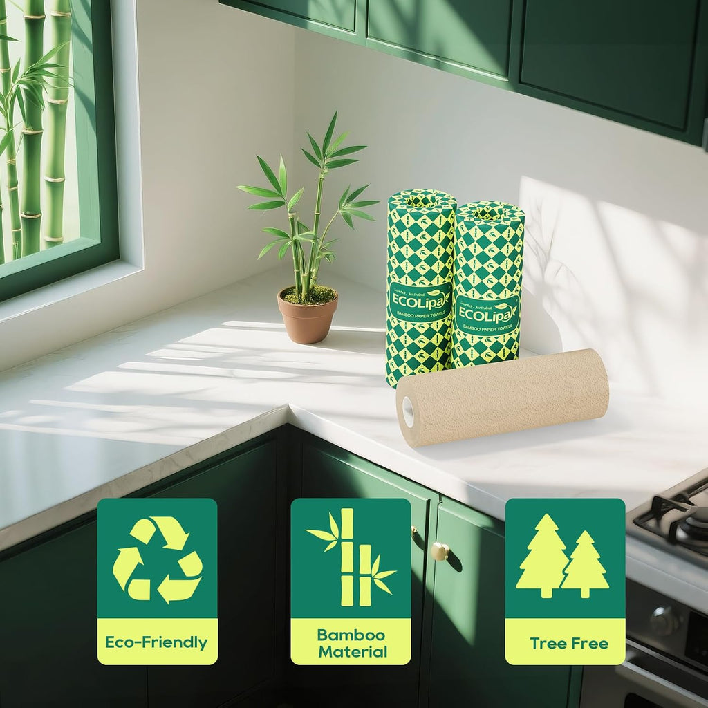 Bamboo Paper Towels, 8 Rolls, 2 Ply 120 Sheets, Nature