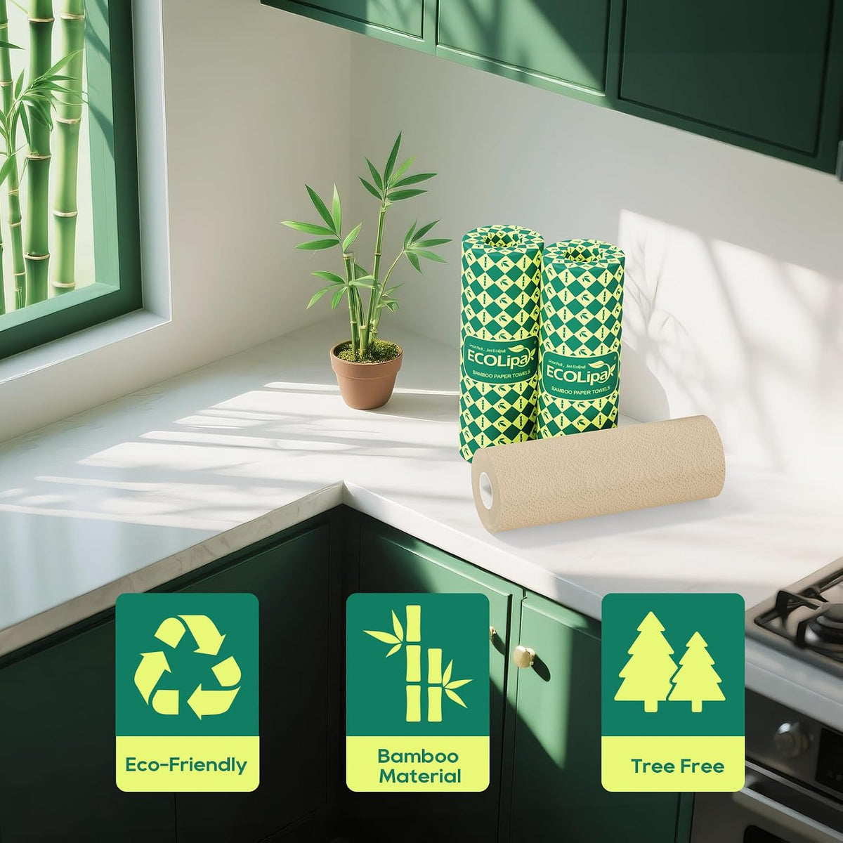 Bamboo Paper Towels, 8 Rolls, 2 Ply 120 Sheets, Nature