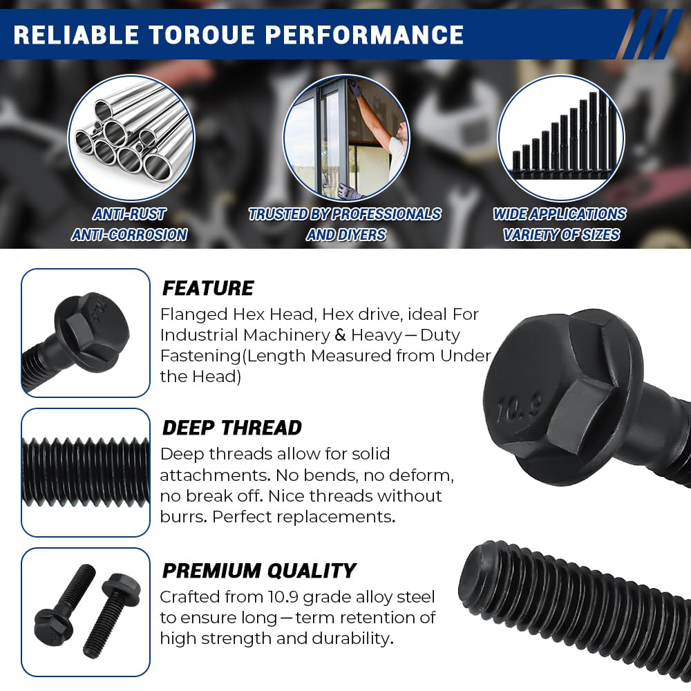 10 Sets M10 x 40mm Flange Hex Bolt + Nut + Flat & Lock Washer Black 10.9