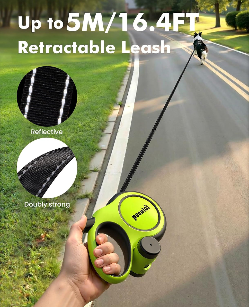 16.4ft Retractable Dog Leash with 1.6ft Chew Proof Steel Cable