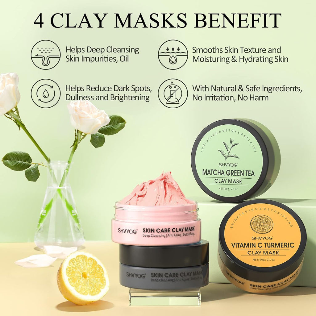 4Pcs Face Mask Set - Turmeric Clay Mask, Vitamin C, Green Tea, Rose, Dead Sea Mud Mask, Skin Care Mask for Deep