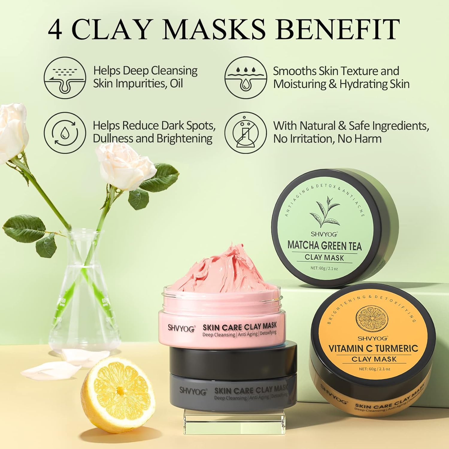 4Pcs Face Mask Set - Turmeric Clay Mask, Vitamin C, Green Tea, Rose, Dead Sea Mud Mask, Skin Care Mask for Deep