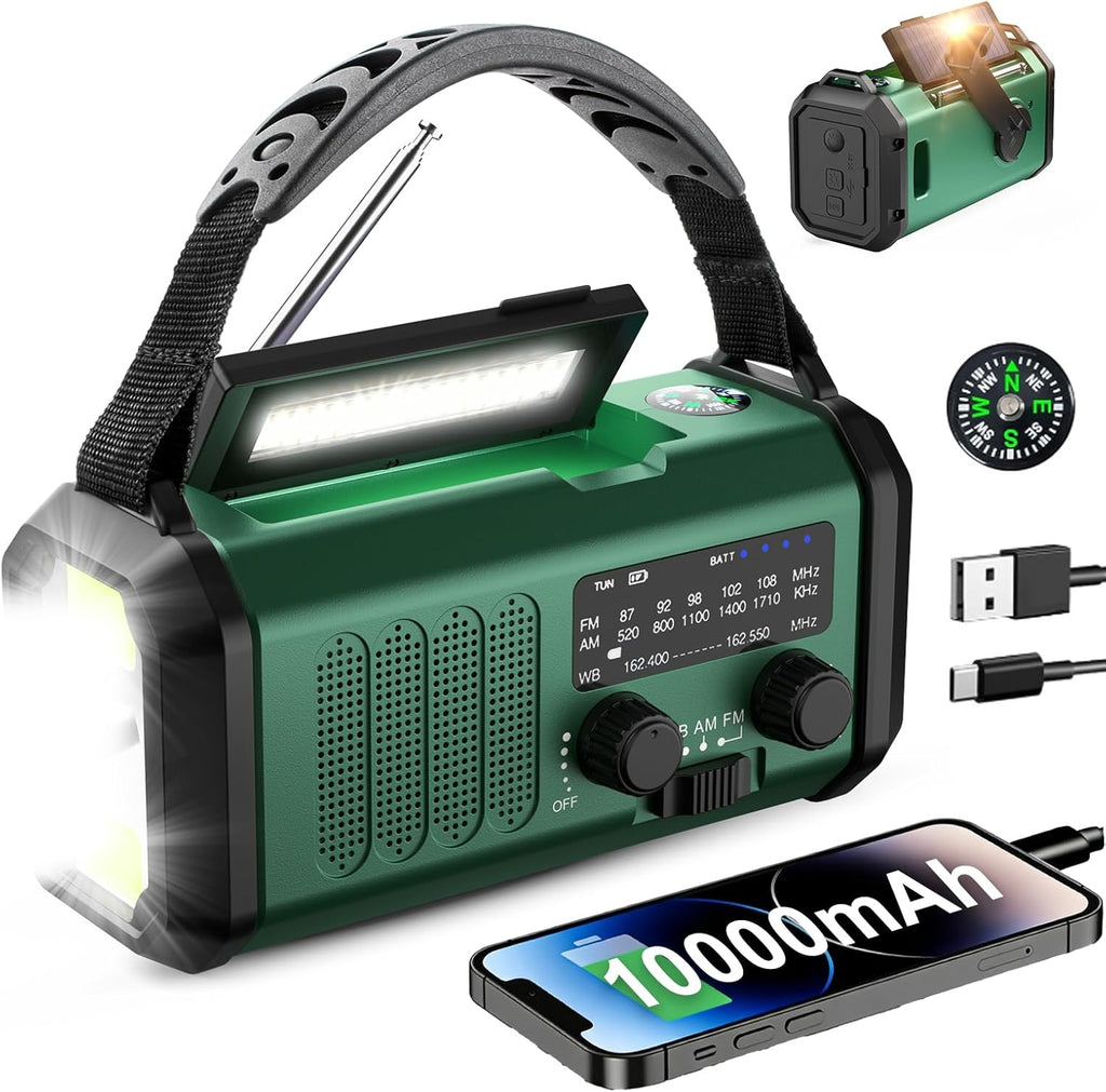 Hand Crank Emergency Radio, NOAA Weather Radio AM/FM,10000mAh | Solar Power Bank,Rechargeable Battery Powered, USB-C