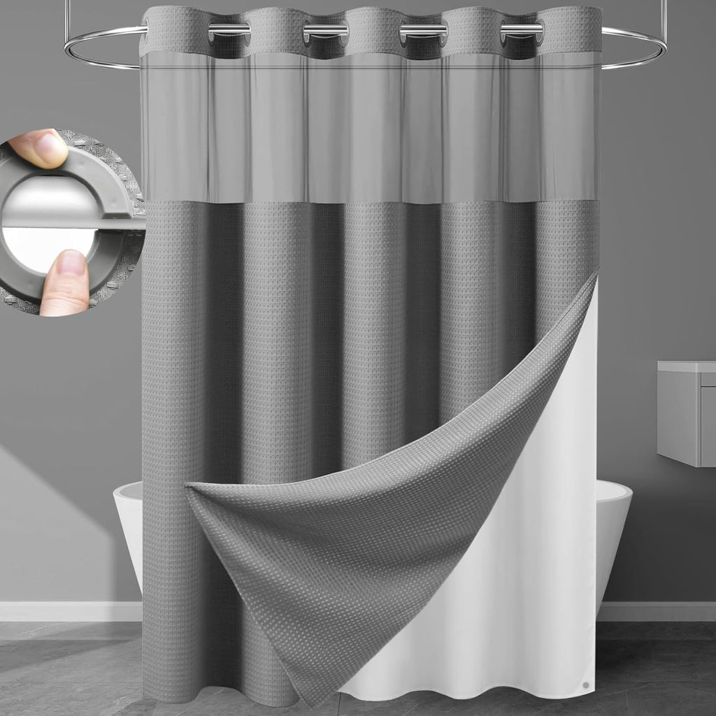 256GSM Heavyweight Waffle Weave Shower Curtain with Snap-in Liner, Extra Thick & Luxury Weighted Fabric Bath Curtain