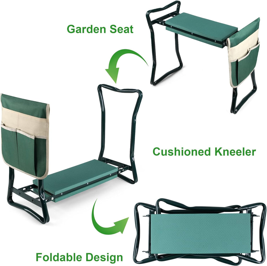 Foldable Garden Kneeler and Seat Heavy Duty Gardening Stool Kneeling Bench with Large Tool Pouch and Wider EVA Foam