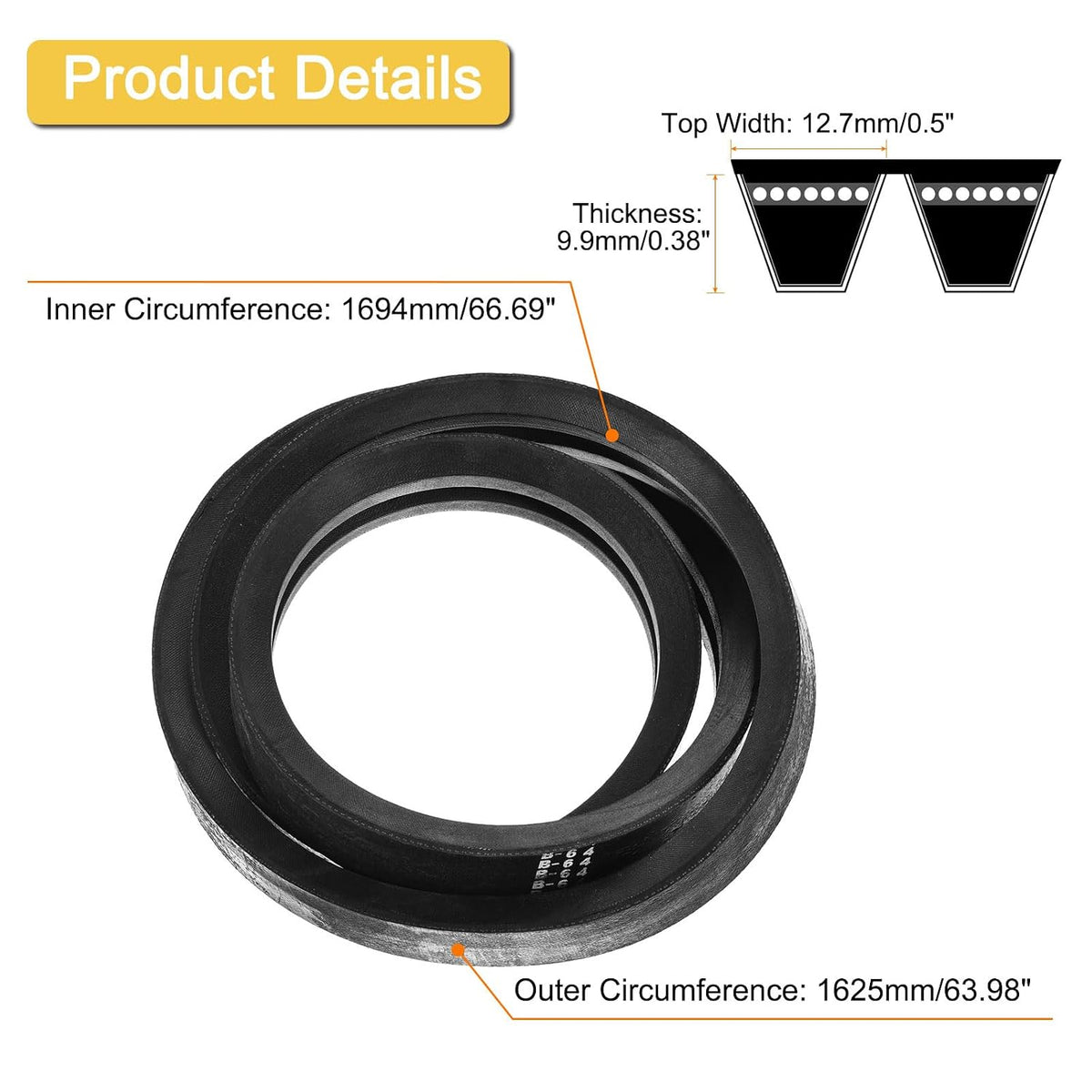 uxcell 2/B64 Classic Wrapped 2 Banded 67" Outer Circ B Profile V-Belt