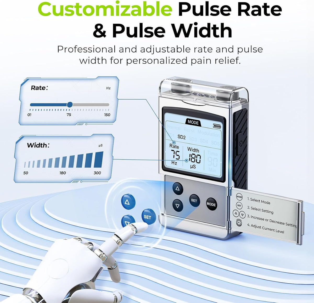 Rechargeable Digital TENS Unit Muscle Stimulator, Customizable 8-Mode