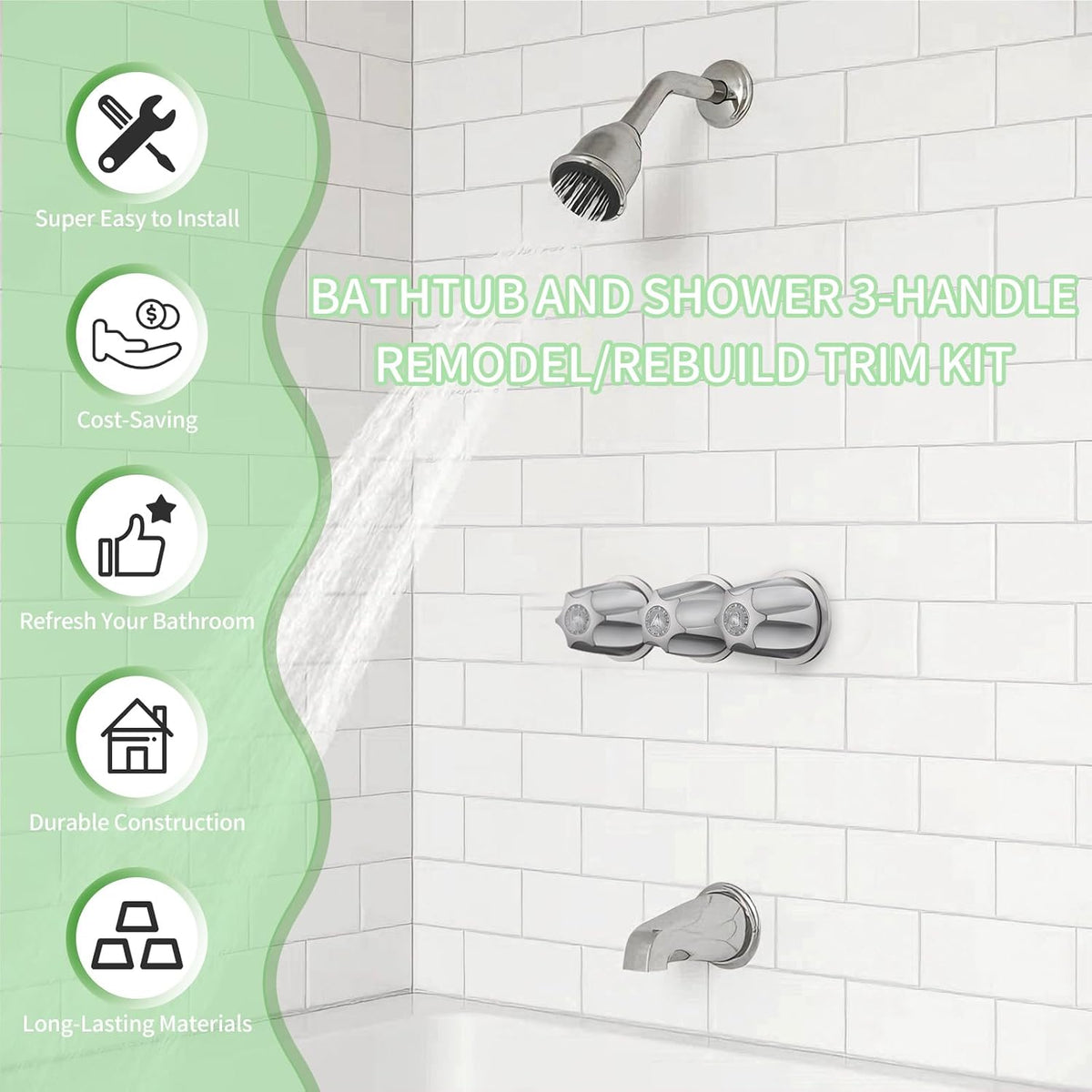 39619 Bathtub Shower Handle Remodel/Rebuild Trim Kit, Shower Knob 3 Piece for Price Pfister Verve Faucets, Includes 12H-2H, 12H-2C, 12H-18D Stems and Tubs knob Handle and Flange Base (Brushed Nickel)