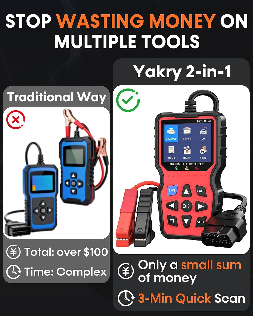 Easy to Use 2-in-1 OBD2 Scanner with Battery Tester: 1S Read & Clear Check Engine Codes + Test Battery in Mins - DIY
